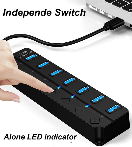 4/7-Port USB 3.0 Hub with LED Indicator Independent Switch Control for Laptop Flash Drive Hard Disk Printer Camera Keyboard