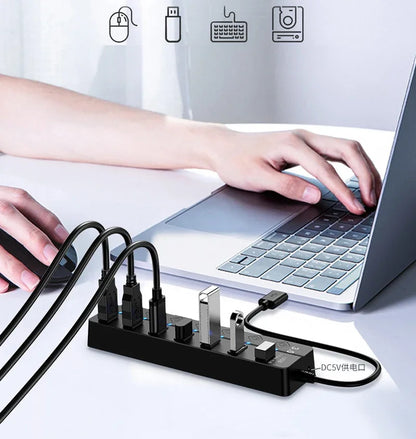 4/7-Port USB 3.0 Hub with LED Indicator Independent Switch Control for Laptop Flash Drive Hard Disk Printer Camera Keyboard