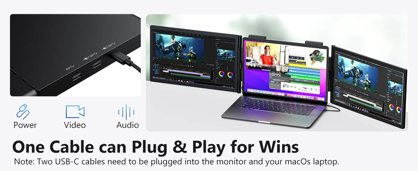 Amoudo 14 Inch Dual Laptop Monitor 1920*1080P IPS Portable Triple Monitor  with USB-C Port for 14-16.5" Laptops Windows/Mac Xbox