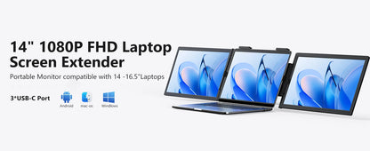 Amoudo 14 Inch Dual Laptop Monitor 1920*1080P IPS Portable Triple Monitor  with USB-C Port for 14-16.5" Laptops Windows/Mac Xbox