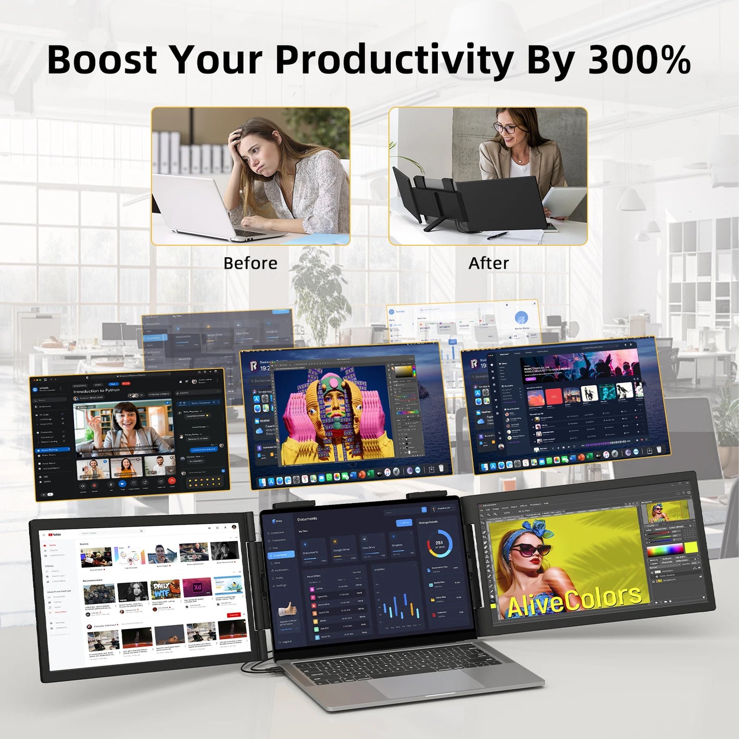 Amoudo 14 Inch Dual Laptop Monitor 1920*1080P IPS Portable Triple Monitor  with USB-C Port for 14-16.5" Laptops Windows/Mac Xbox